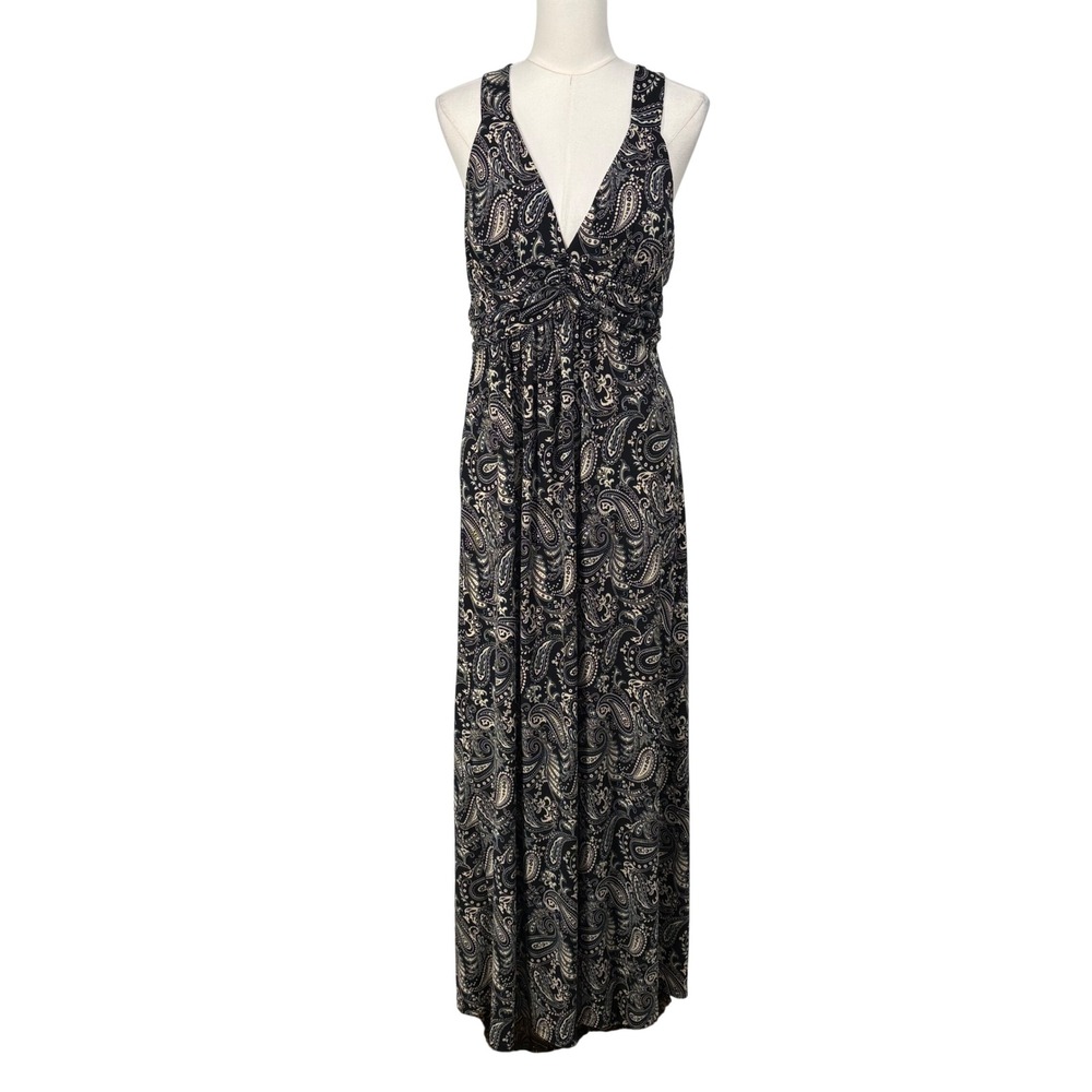 Epilogue Womens Paisley V-Neck Maxi Dress XL Black Cream T-Back Y2K Stretch‎